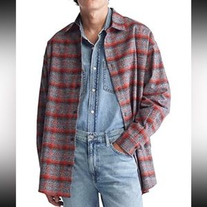 Calvin Klein Men's Relaxed Fit Plaid Flannel Butto steel gray color